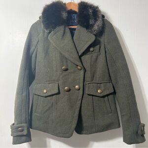 American Eagle Double-Breasted Military Style Army Green Coat Faux Fur Collar S
